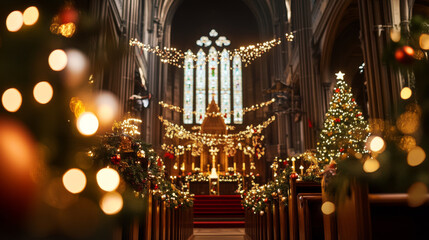 Poster - A beautifully decorated church during Christmas, featuring stunning tree, twinkling lights, and warm, festive atmosphere. intricate stained glass windows add to enchanting scene