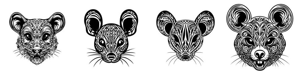 A black and white illustration of a rat in zentangle art, stencil logo, and stencil logo in black and white