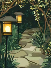 Sticker - Serene Pathway with Lanterns in Lush Greenery