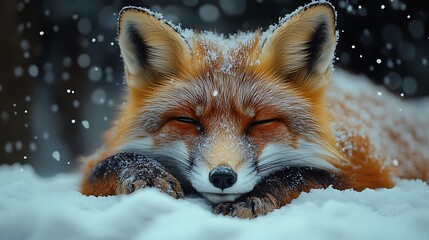 Wall Mural - a red fox sleeps peacefully in the snow, its fur covered in snowflakes.