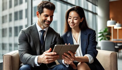 Two business professionals in formal attire review information on a tablet, collaborating in a modern office with large windows and city views.