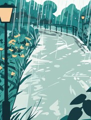 Stylized Rainy Pathway with Lanterns and Lush Foliage