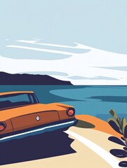 Wall Mural - Retro Car by the Coastal Road with Scenic View