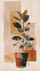 Poster - Plant potted with acrylic brush art painting leaf.