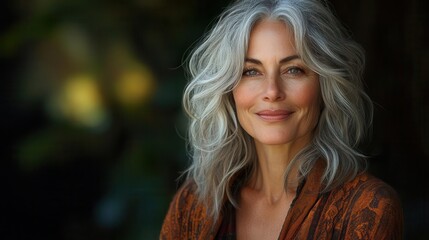 candid portrait of joyful mature woman with natural gray hair radiating confidence and warmth