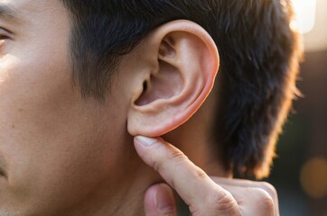 Gentle touch on man ear in close-up