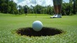 © Morning - A golf ball on the green, just short of the hole.