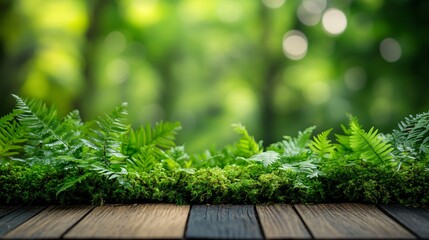 Sticker - Green fern and moss on a wooden surface against a blurred green background.