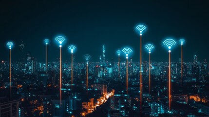 A futuristic city skyline illuminated at night, with glowing signals representing wireless networks, symbolizing the advancement of technology and connectivity.