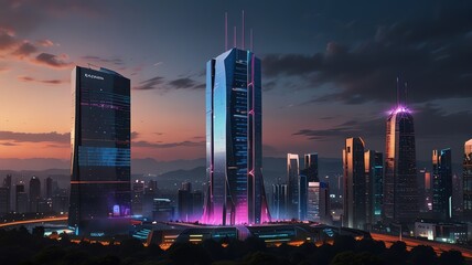 Futuristic cityscape at sunset.