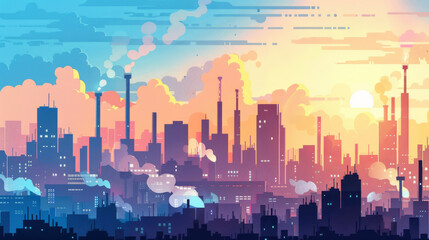 A vibrant city skyline at sunset, showcasing industrial buildings and smokestacks against colorful sky. scene evokes sense of urban life and energy.