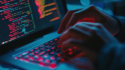 Close-Up of Hands Typing on a Laptop with Code Displayed on the Screen
