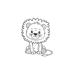Wall Mural - Cute cartoon lion. Wild adorable character. Lovely mammal sitting isolated. Animal in doodle style. Vector illustration