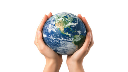 Closeup of hands holding the planet earth globe sphere isolated on transparent background