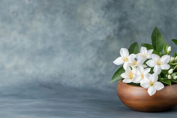 Beautiful white flowers with green leaves in a wooden bowl on a textured background.