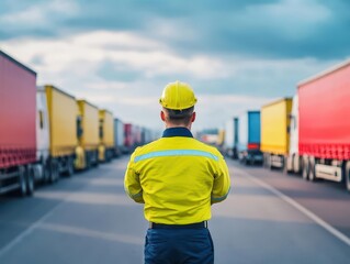 A customs officer blocking trucks at a border checkpoint, border trade restriction, global commerce obstacle