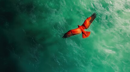 a striking red bird spreads its wings, soaring gracefully over emerald green ocean waters.