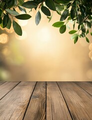 Poster - a empty wooden table with a natural blurred background. and bright light