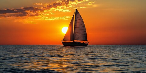 Wall Mural - Silhouette of a Sailboat Gliding Through Golden Sunset on Calm Water