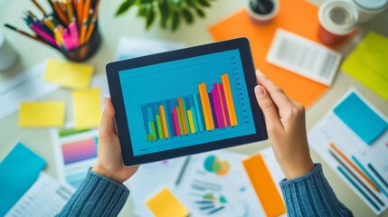 Poster - A person holding a tablet displaying a bar chart, with a background of office supplies and documents spread out for a financial report.