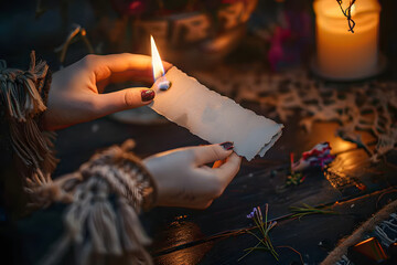 Wiccan witch holding a piece of paper with words So mote it be written on it, and burning it at her altar. Witch casting a spell