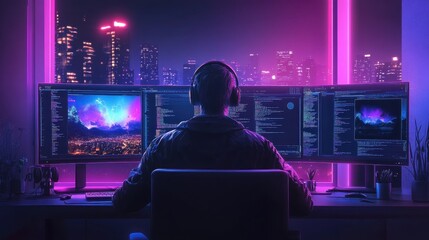 Wall Mural - Designer Creating Dynamic Motion Graphics at Night