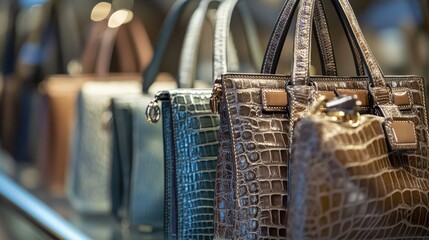 A close-up of luxury handbags on a display shelf, each with distinct textures and designs, emphasizing high-end fashion accessories.