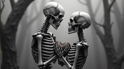 Black and white photo of two skeletons holding one heart in their hands