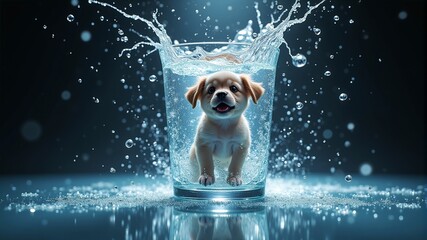 a small puppy splashes in a glass of water.