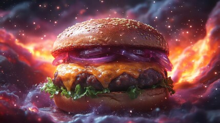 Wall Mural - cosmic cheeseburger floating in deep space surrounded by swirling galaxies and nebulae vibrant purple hues dominate with realistic light effects and intricate textures