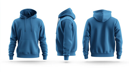 Blue blank hoodie in front and back view, mockup, white background