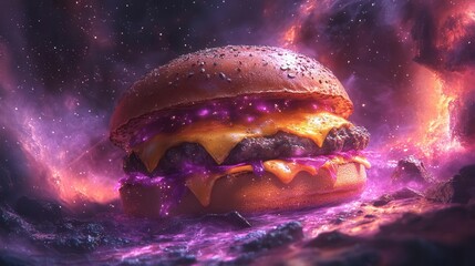 Wall Mural - cosmic cheeseburger floating in deep space surrounded by swirling galaxies and nebulae vibrant purple hues dominate with realistic light effects and intricate textures