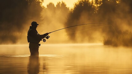 Poster - A fisherman standing in a river at sunrise, casting his line.