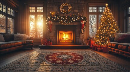 cozy living room with crackling fireplace twinkling christmas tree and festive decorations warm golden light bathes the scene in holiday cheer