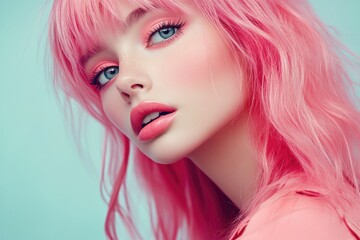 Wall Mural - Beautiful girl with pink hair and bright makeup on an isolated pastel background, fashion portrait photography.