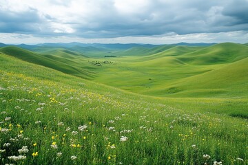 Rolling green hills covered with wildflowers reaching the horizon under cloudy sky