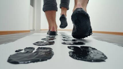 Poster - A person walking on a path of black paint with shoes, AI