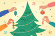 © Анастасия - Flat vector illustration human hands decorating Christmas tree at home or office. Teamwork, corporate party. Preparation for New Year.