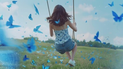 Wall Mural - Close-up shot, an energetic photograph of a woman running through a green field. She is wearing a sleeveless white top with blue patterns, denim shorts, and white sneakers