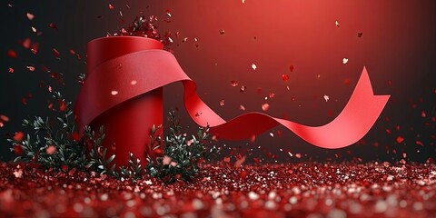 Sticker - Red cylinder gift box with a flowing ribbon and confetti falling on a sparkly surface