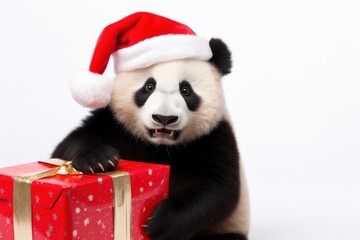 Wall Mural - Panda wearing christmas hat portrait costume mammal.