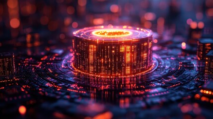 cybersecurity concept featuring a digital fortress protecting a glowing data core surrounded by binary code and interlocking shield icons