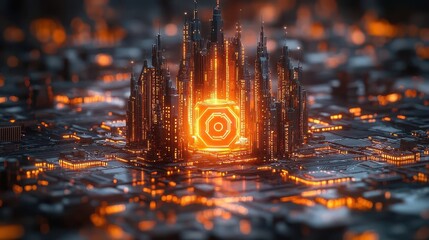 cybersecurity concept featuring a digital fortress protecting a glowing data core surrounded by binary code and interlocking shield icons