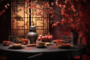 Wall Mural - Chinese New Year style of dinner flower table plant.