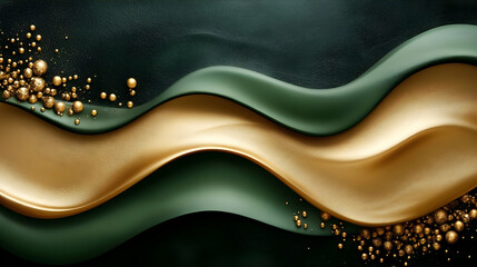 Wall Mural - Abstract Gold and Green Wave Design with Metallic Spheres