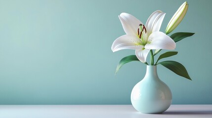 A single white lily in full bloom, displayed in a modern, pastel-colored vase on a clean surface