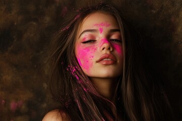 Wall Mural - Beautiful girl with pink paint on her face and body.