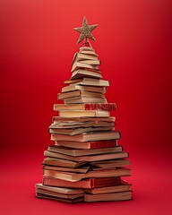 A stack of books in the shape of a Christmas tree decorated with a star on a red background. Alternative Christmas tree decoration concept.  Merry Christmas and Happy New Year. Stage for product sale 