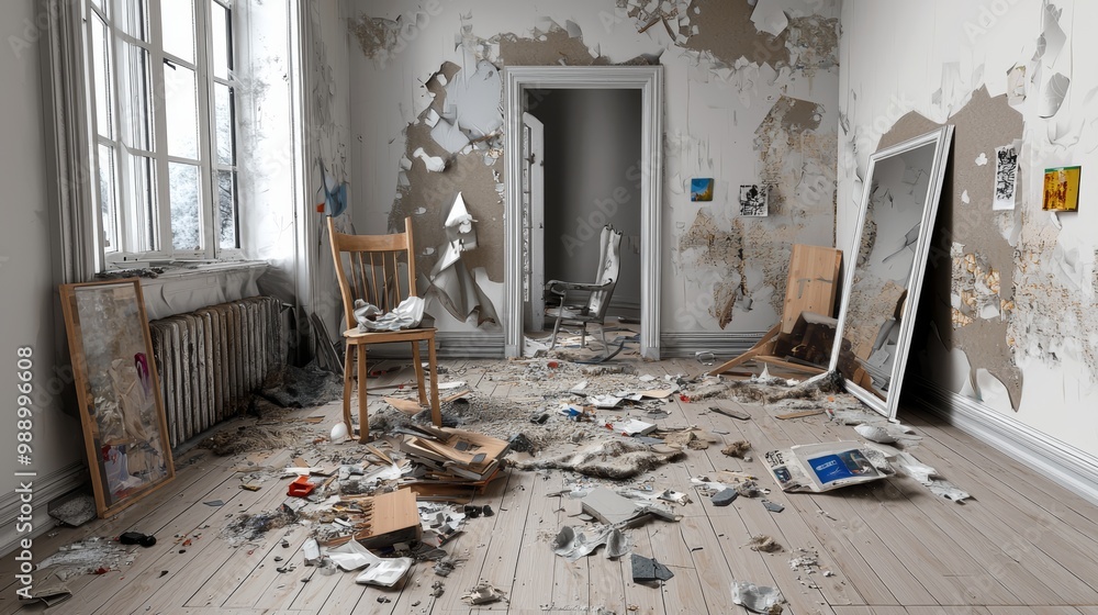 Neglectted Room Room Revival, Illustrate the contrast between a damaged room filled ...