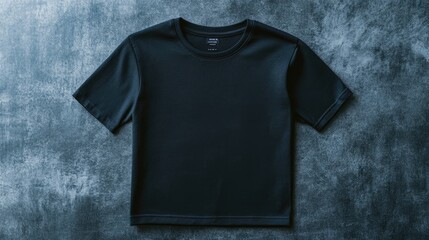 A flat lay of a black t-shirt, neatly folded on a smooth surface, offering a blank canvas for design presentations or advertising.